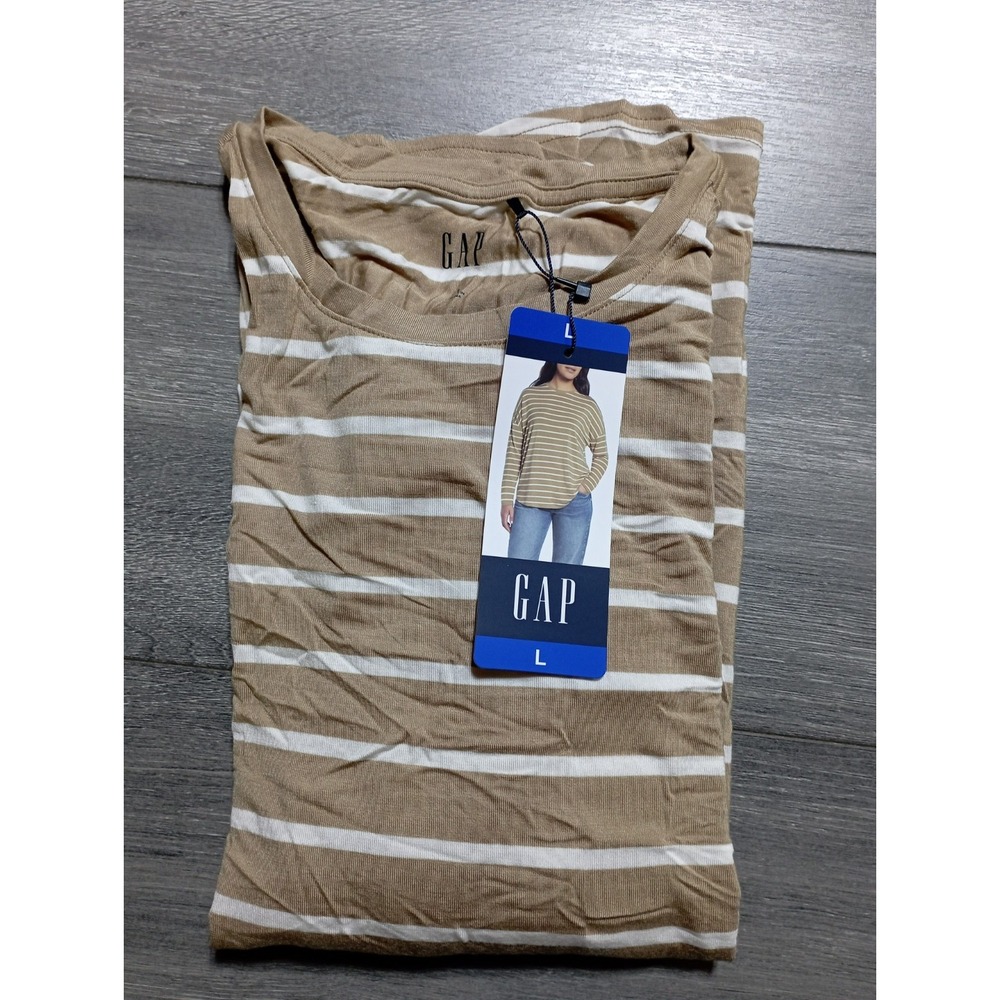 Gap Drop Shoulder Top Adult Womens Large Tan Striped Long Sleeve Shirt